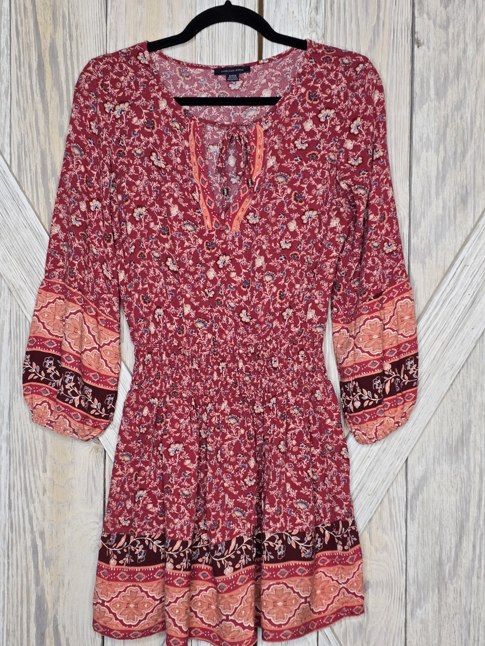 American Eagle Red Floral Smocked Boho Dress Size S